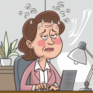 A light hearted cartoon of a 40 year old woman experiencing hot flushes in menopause. She is sitting at a desk and has a flushed face and beads of sweat on her forehead. Steam is rising from her head.