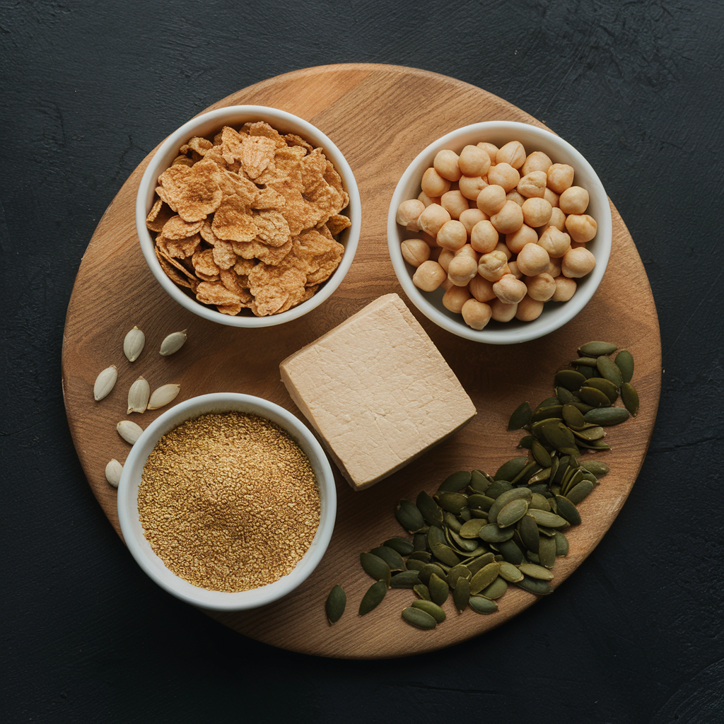 A display of the following foods: Cereal, chickpeas,Tofu,Wheat Germ and Pumpkin Seeds