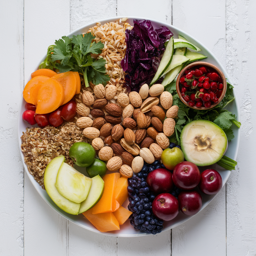 A colorful and nutritious plate of plant-based food, featuring a variety of fresh fruits and vegetables, whole grains, and a heart-shaped arrangement of nuts