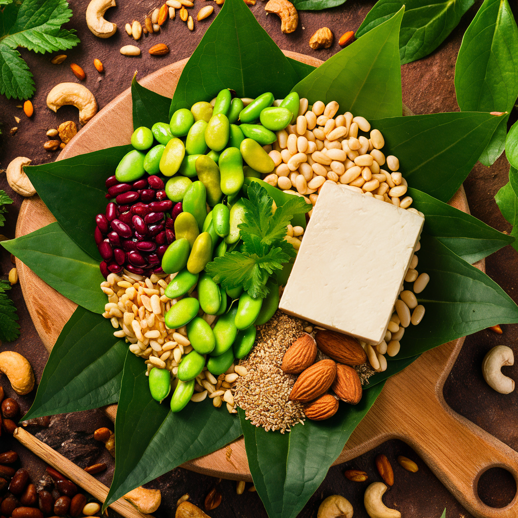 A stunning and appetizing display of plant-based protein sources, featuring vibrant and colorful edamame beans, a variety of beans, a creamy slice of tofu