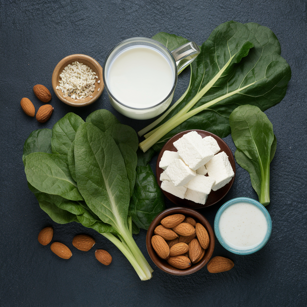 Plant-based foods like fortified plant milks, leafy greens, tofu, and almonds are excellent sources of calcium.