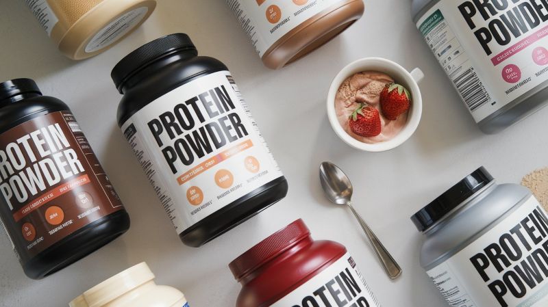 A photo of a variety of protein powders on a white background.