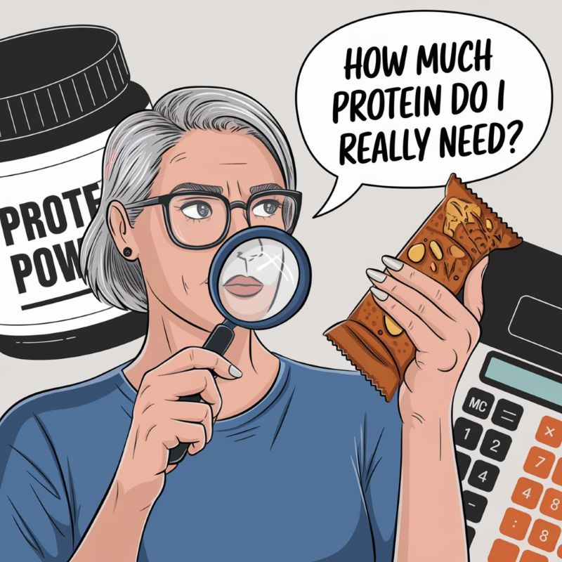 An illustration of a 40-year-old woman with gray hair, wearing glasses and a blue shirt. She is holding a magnifying glass and examining a protein bar.